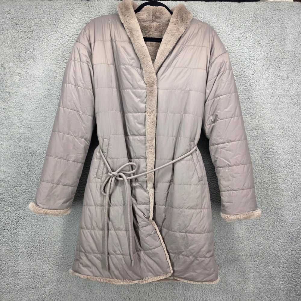 Adolfo Dominguez Reversible Faux Fur Quilted Puffer Coat Jacket Taupe Small
